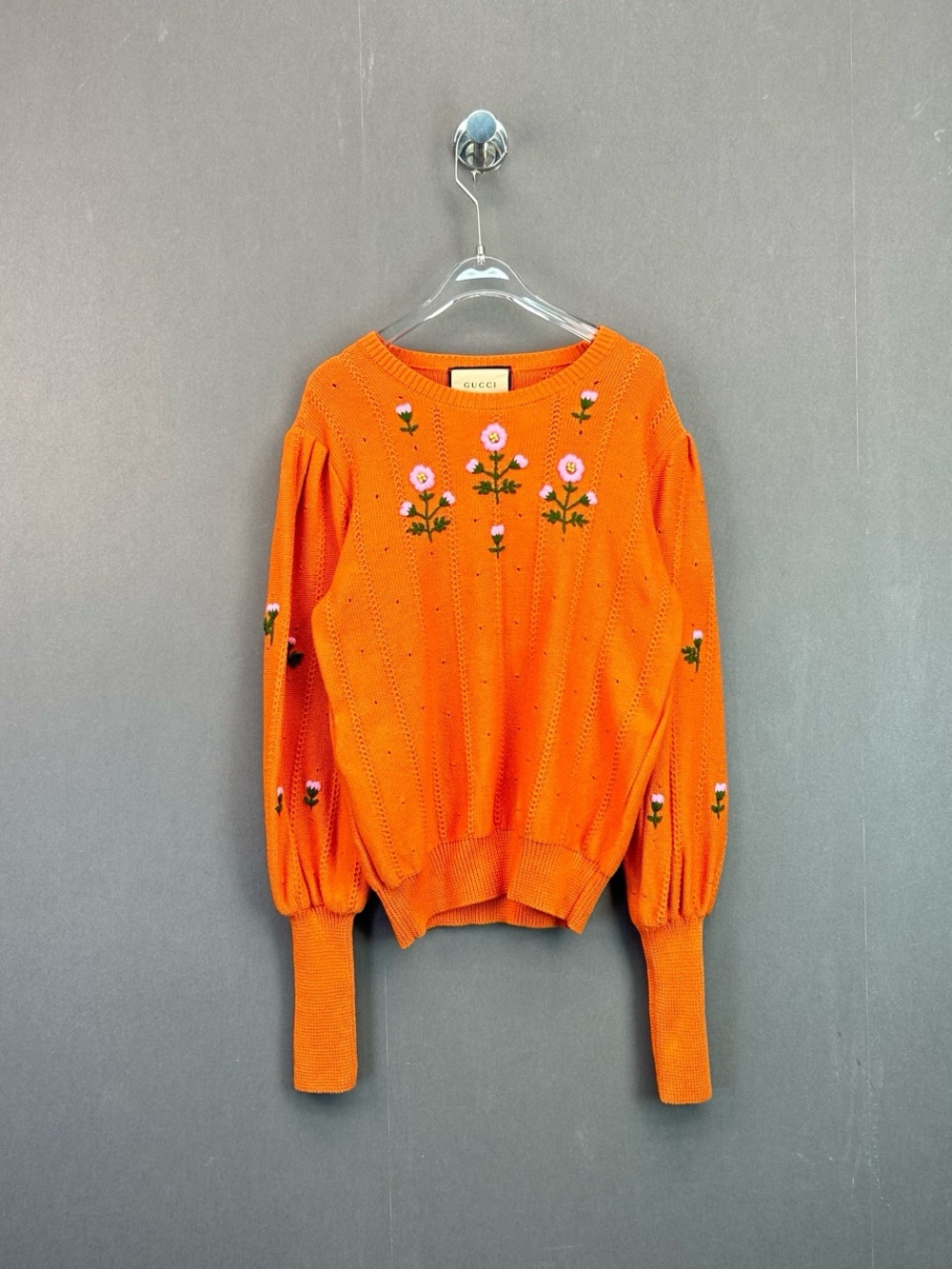 Gucci Orange Knit Sweater with Pink Floral Embroidery